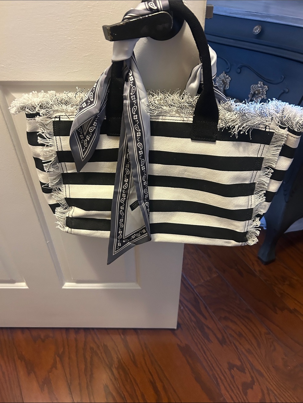 Black and White Striped Fringe Tote with Scarf Accent